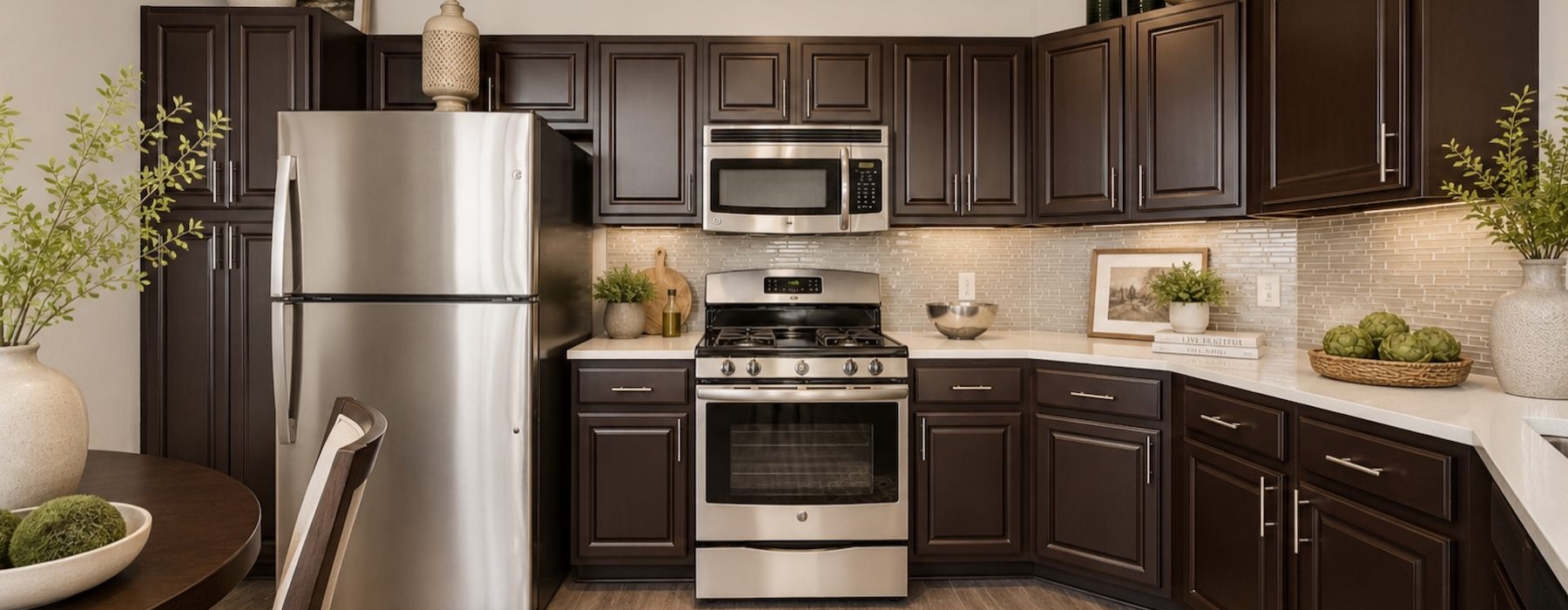 a kitchen with dark cabinets